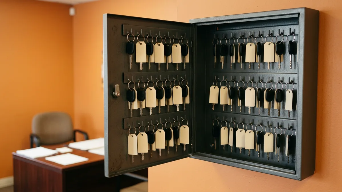 Open dealership key cabinet left unlocked, an analogy for Microsoft 365 Business Premium security features that are included but not turned on
