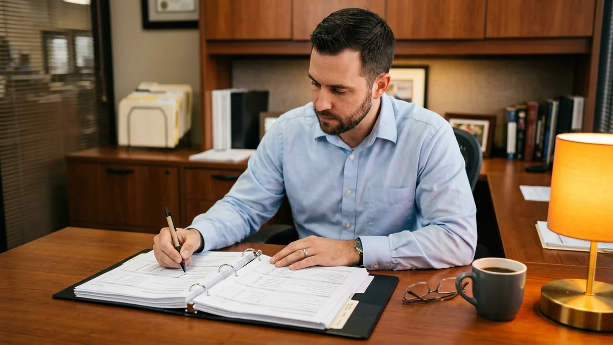 Dealership F&I manager working through a printed FTC Safeguards Rule checklist next to Microsoft 365 Business Premium security controls