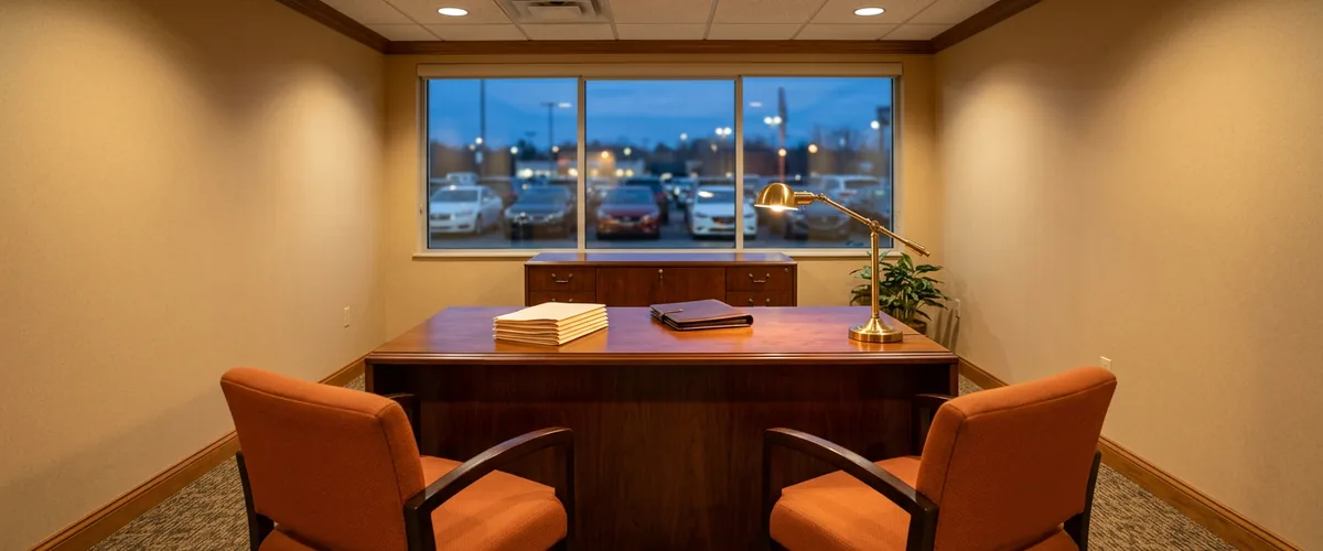 Dealership F&I office with customer deal folders on the desk, representing the data to protect before turning on Microsoft Copilot