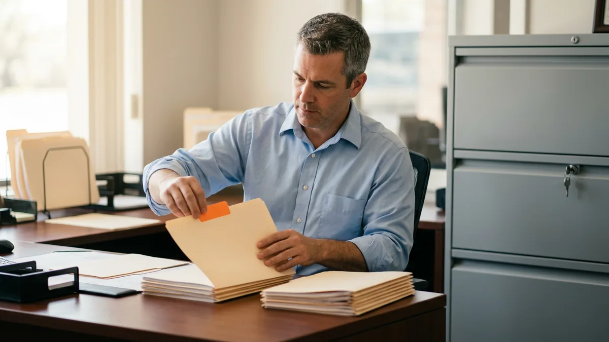 Dealership controller sorting and tagging sensitive payroll and credit files before a Microsoft Copilot rollout