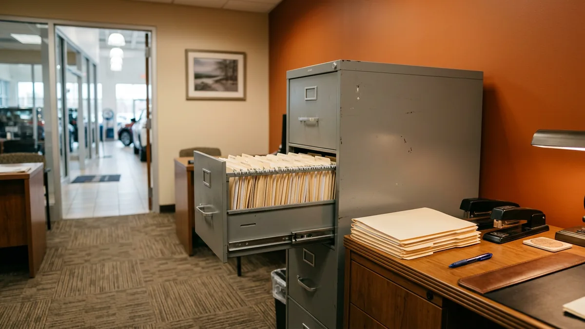 Open filing drawer of dealership deal files, an analogy for overshared SharePoint and OneDrive folders that Microsoft Copilot can surface