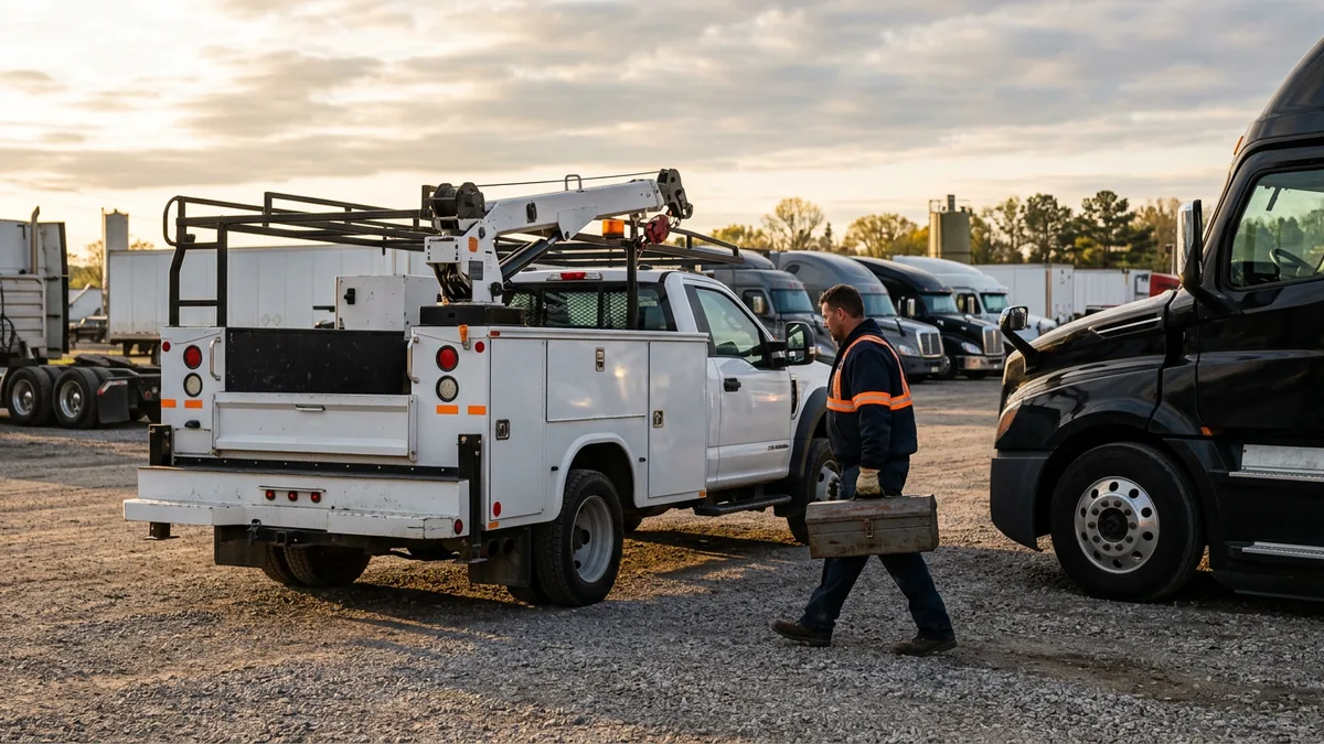 Heavy truck dealership mobile service truck parked at a fleet customer's yard at dawn while a technician carries a toolbox to a semi tractor