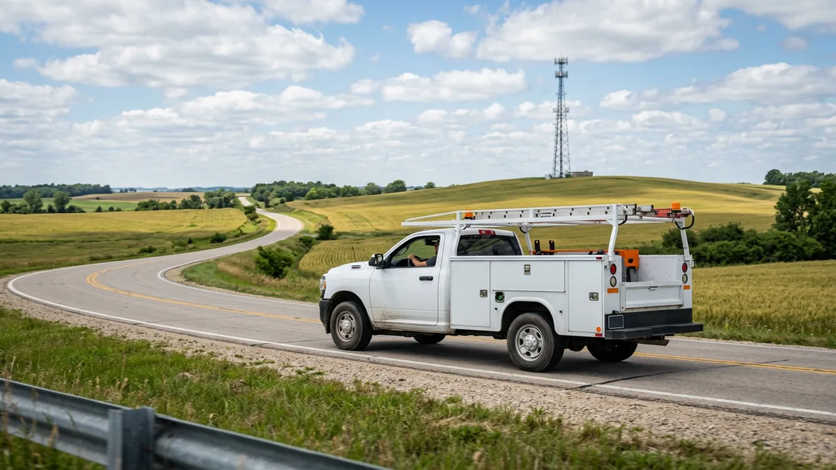 Mobile service truck driving a rural highway with a cellular tower on a distant hill