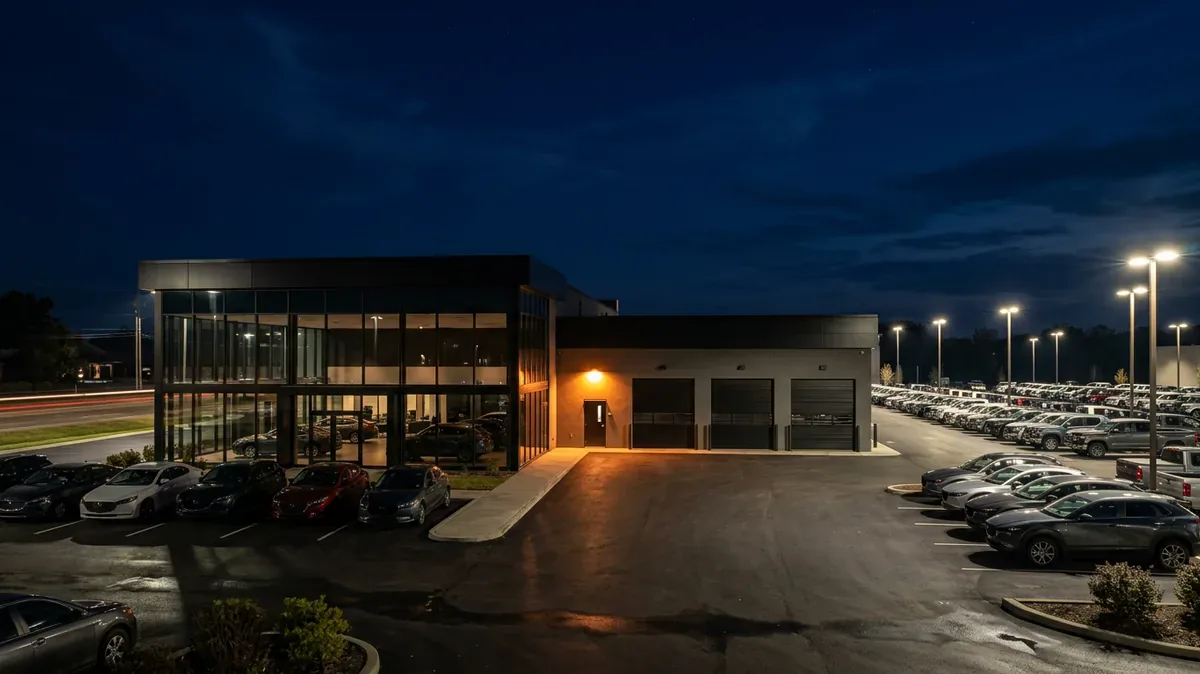 Car dealership closed for the night with vehicles on the lot and the service drive doors shut