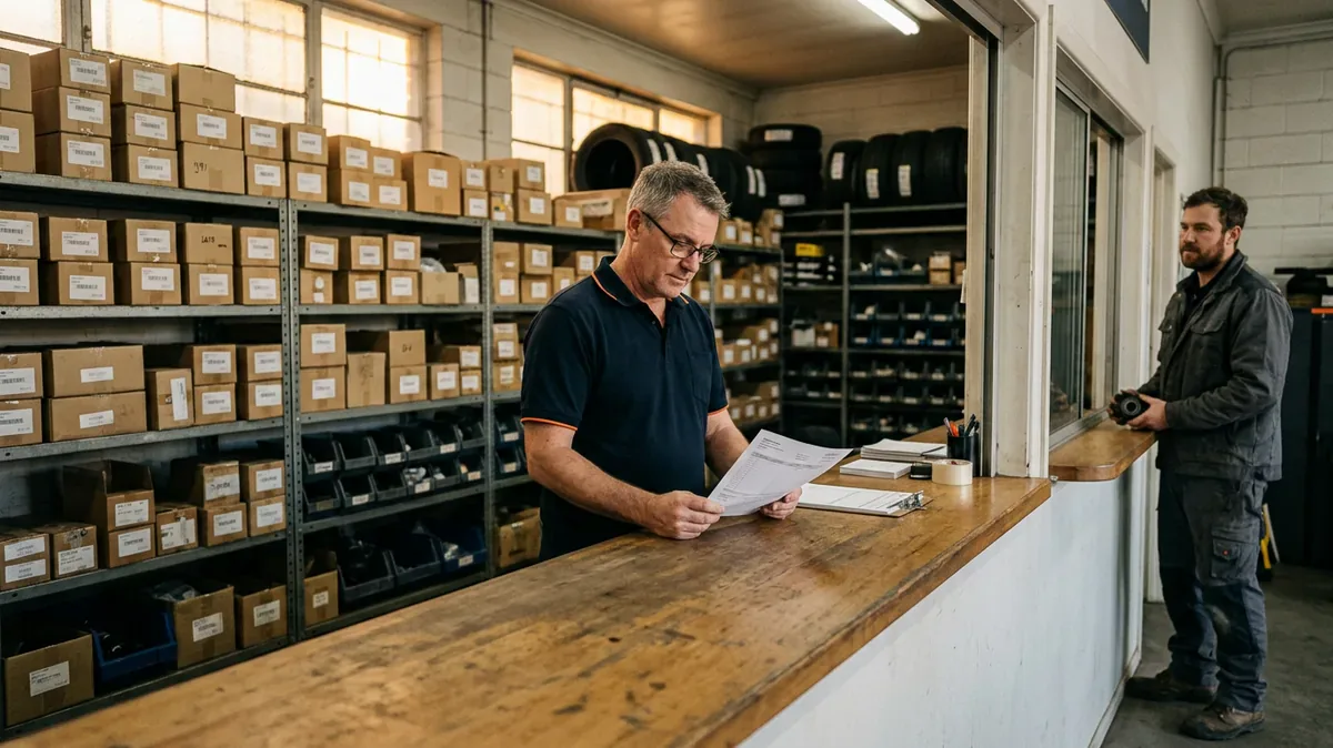 Parts manager reviewing a printed repair order at a dealership parts counter as a technician waits in the early morning