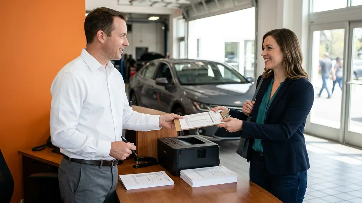 Service advisor handing a customer a printed repair order at a dealership service drive write-up desk