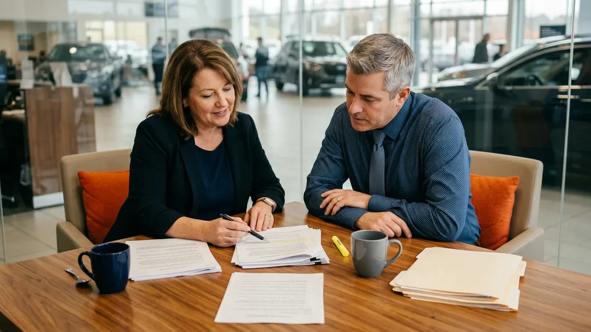 Dealership general manager and controller reviewing printed IT and security vendor agreements at a conference table