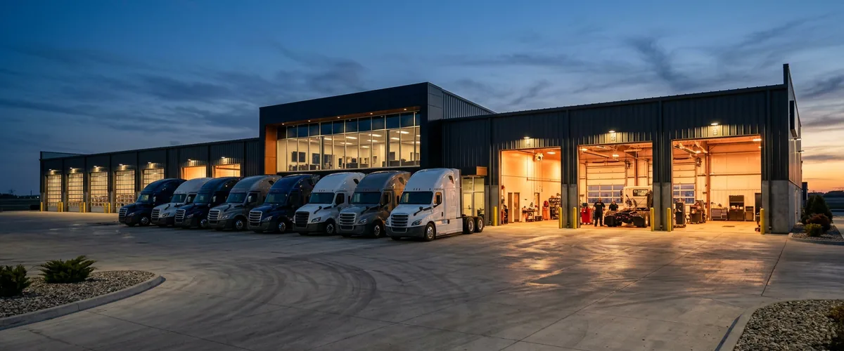 Heavy truck dealership branch at dusk with lit service bays and a row of semi tractors parked out front