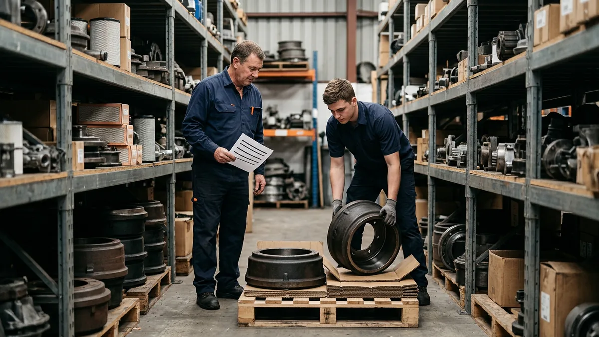 Parts manager and parts employee packing a brake drum on a pallet for an inter-branch transfer in a heavy truck dealership warehouse