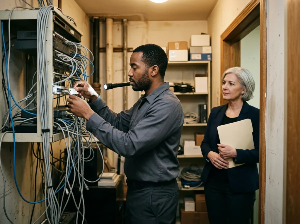 IT field technician tagging tangled network cables in an older dealership network closet while the general manager watches from the doorway