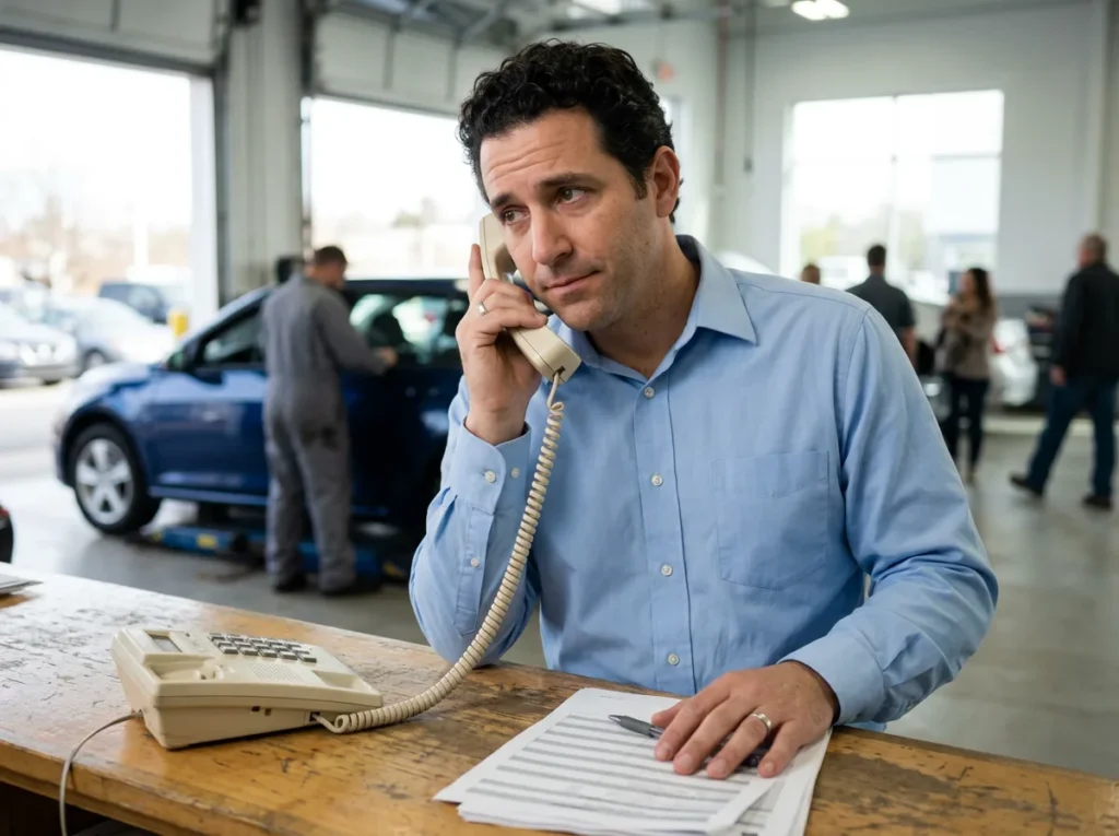 Service manager at a dealership service drive desk pausing on a desk phone call with a doubtful look, his hand on a stack of printed repair orders