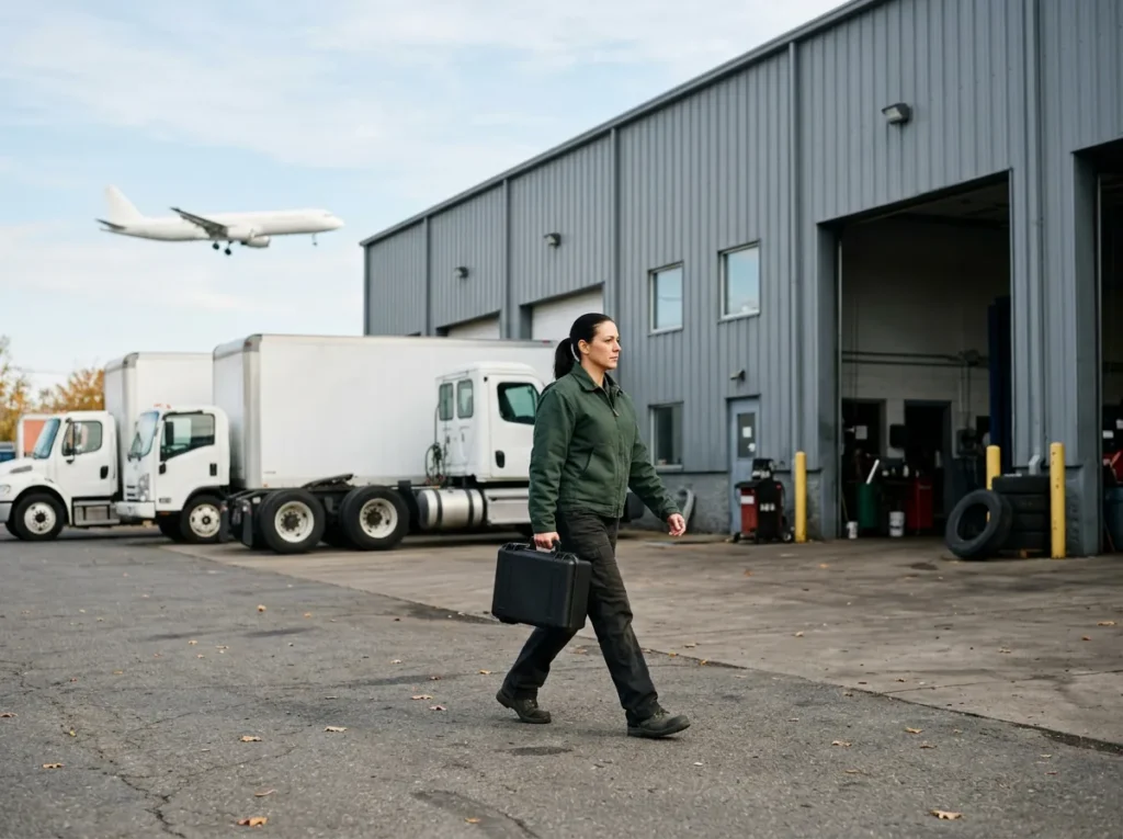 IT field technician carrying a tool case past the service bays of a heavy truck dealership in Queens as a passenger jet descends toward JFK