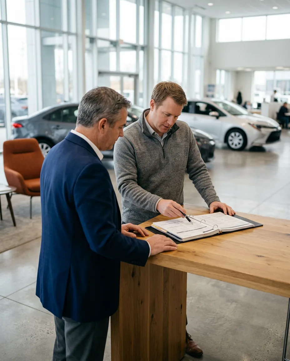 Dealership general manager and an IT security consultant reviewing a binder of printed security policies at a showroom desk, with unbranded sedans behind them