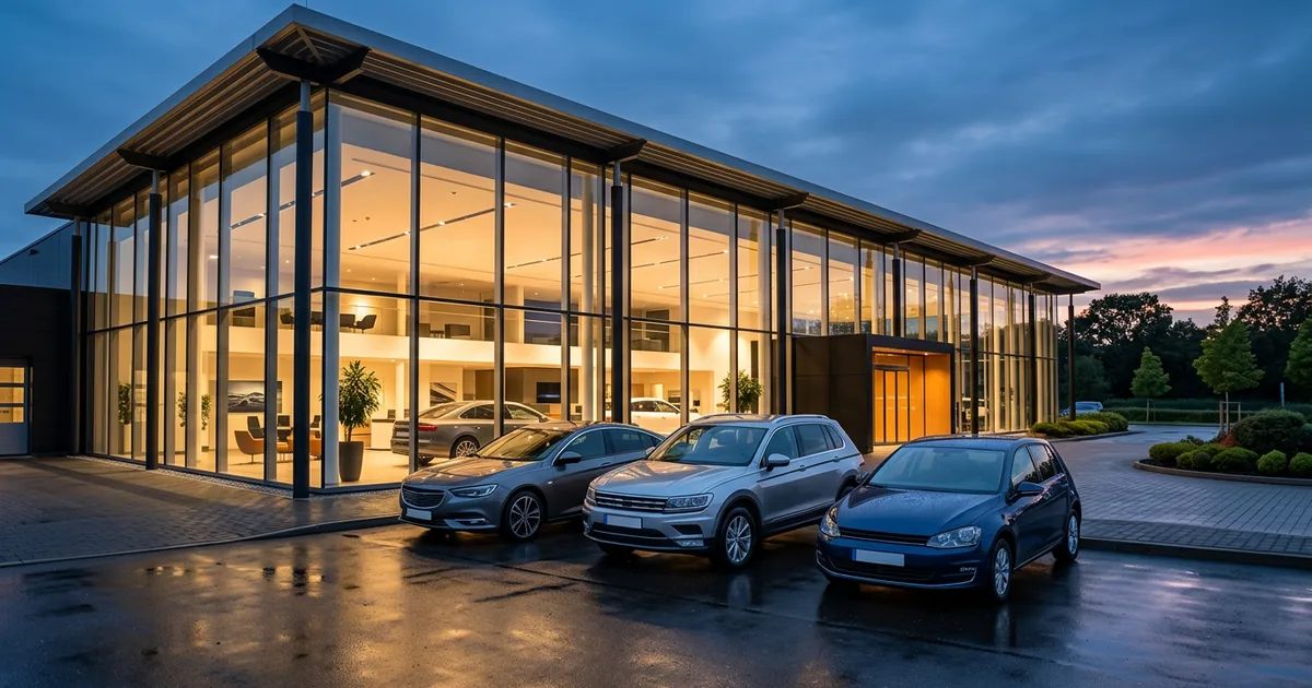 Modern car dealership showroom glowing at dusk with unbranded cars parked in front under a deep blue sky
