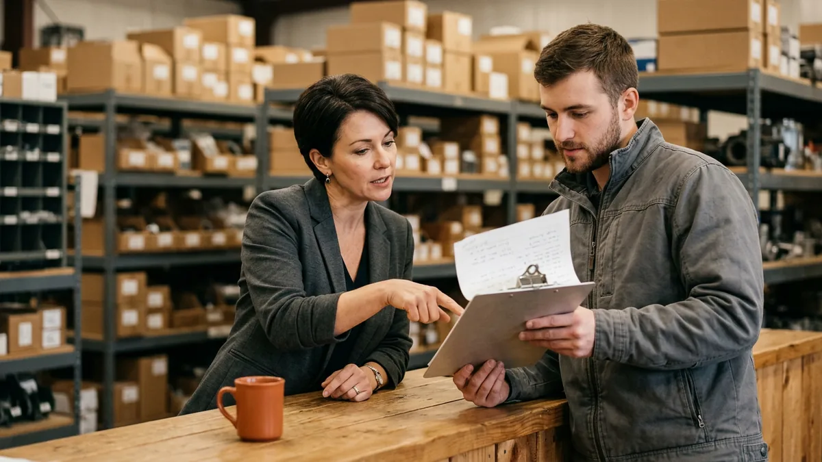 A dealership's in-house IT manager and an outside field technician reviewing a printed service ticket together at a parts counter