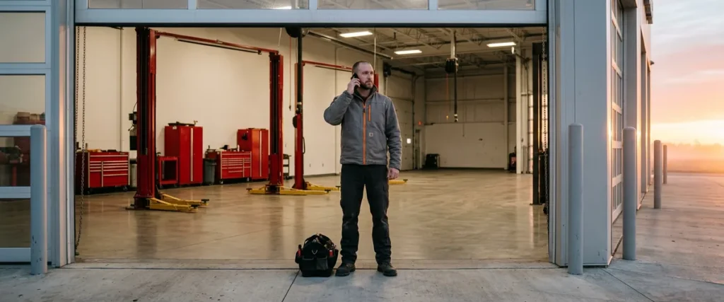 IT field technician on a phone call with the help desk while standing in a dealership service bay doorway with his tool bag