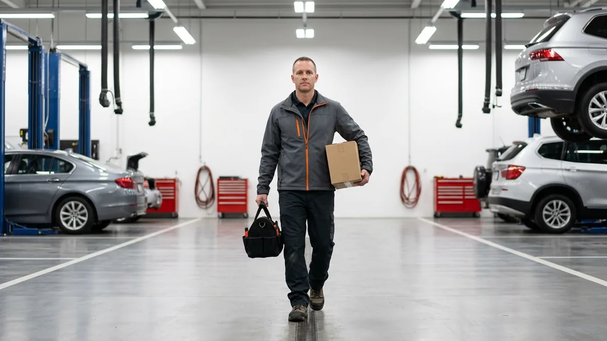 Field service technician carrying a tool bag and a replacement switch box through a dealership service shop between vehicle lifts