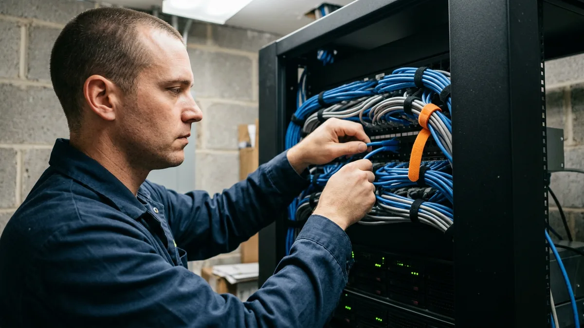 IT field technician's hands tracing a blue patch cable into a network patch panel in a dealership network closet