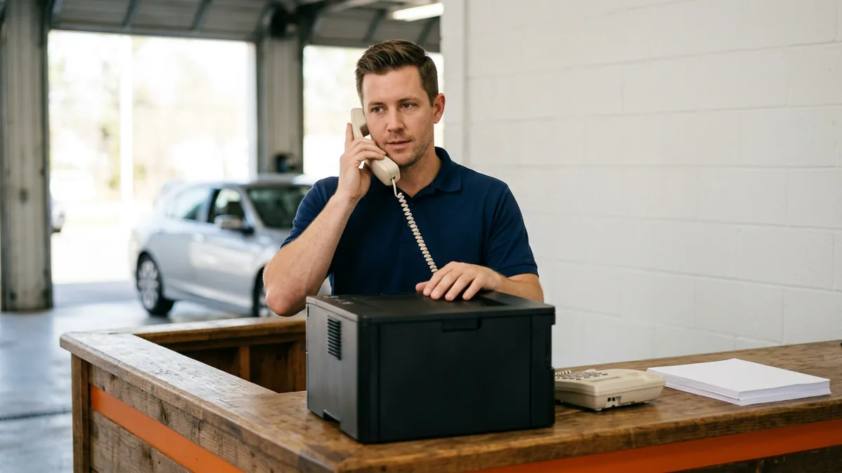 Dealership service advisor on a desk phone with the help desk beside the repair order printer at the service write-up counter