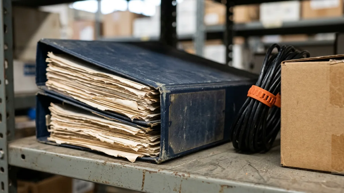Worn IT documentation binder with loose pages on a dusty dealership storage shelf