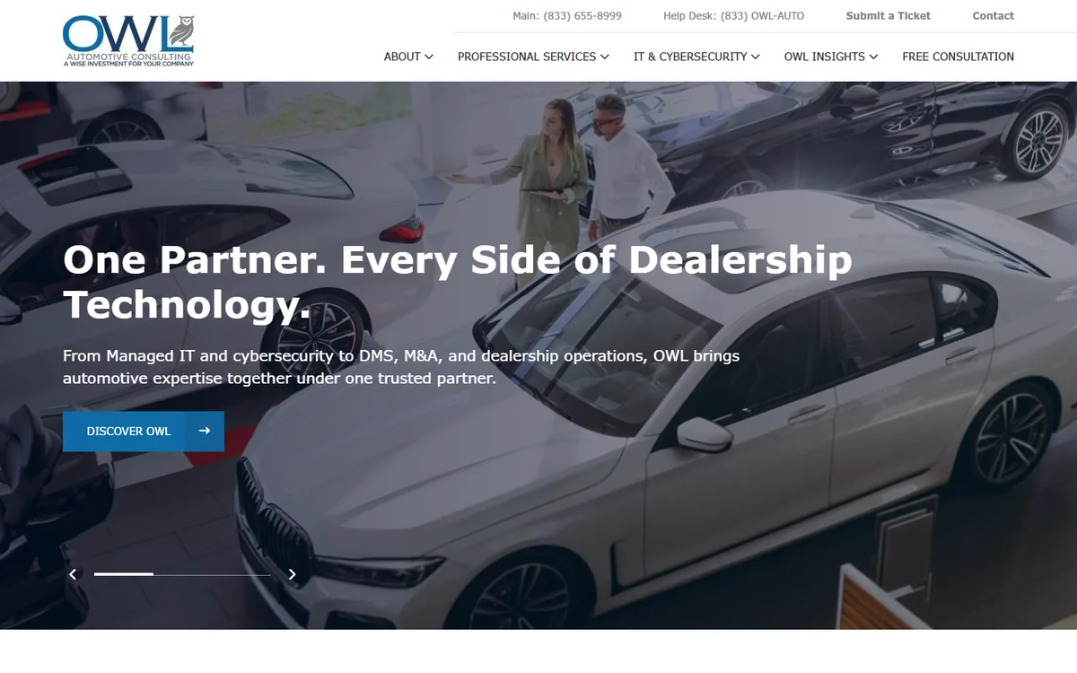 OWL Automotive Consulting homepage hero section as it appeared on October 8, 2026, showing the headline and main calls to action at owlautocs.com
