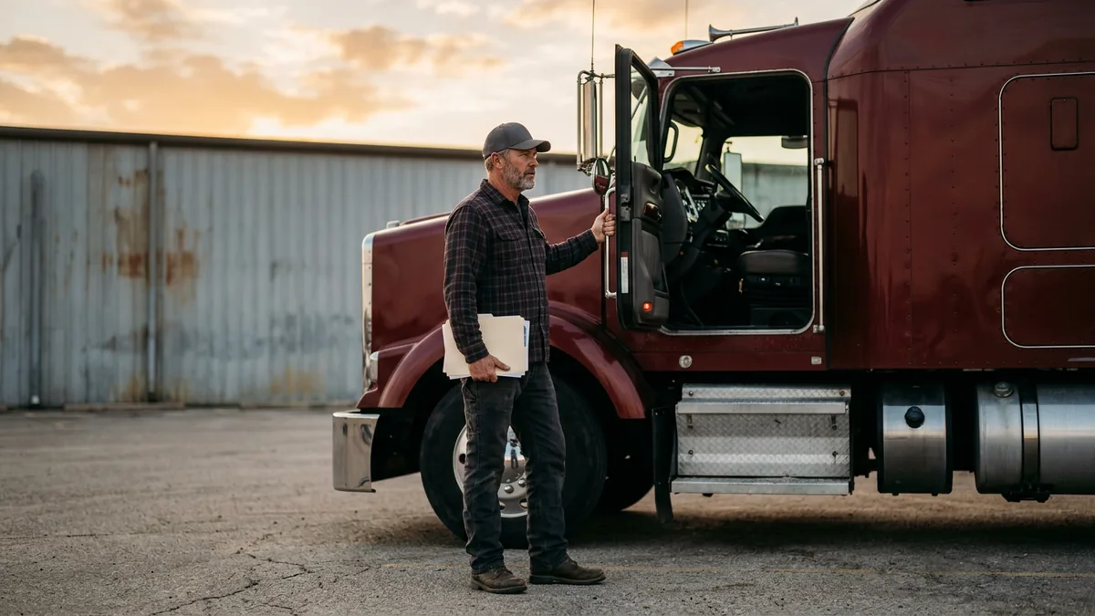 Owner-operator standing beside a Class 8 sleeper tractor on a truck dealership lot holding a folder of financing paperwork
