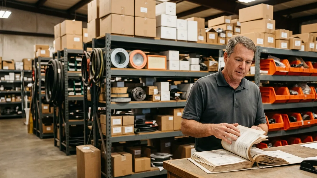 Parts manager at a truck dealership parts counter flipping through a printed parts binder in front of stocked shelves and orange bins