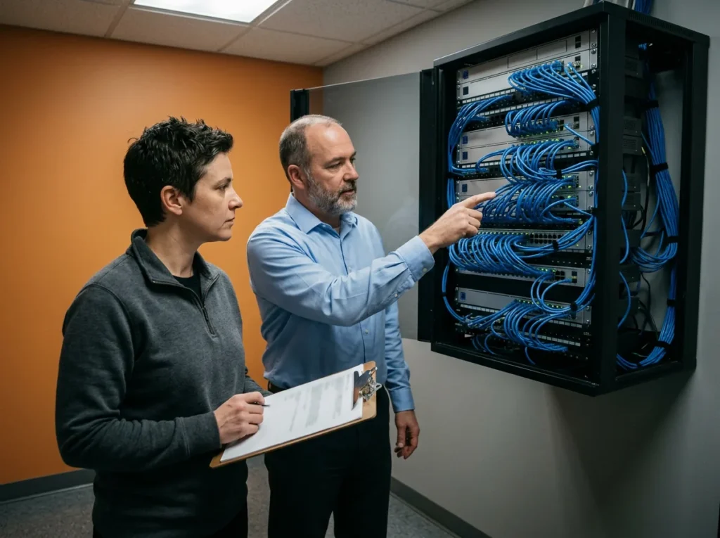 Security engineer holding a clipboard beside a dealership IT manager who points at cabling in a wall-mounted network rack