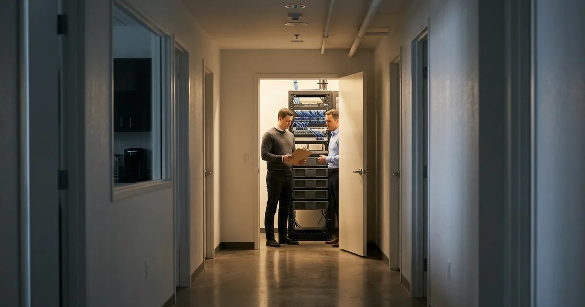 Security engineer with a clipboard and a dealership IT manager talking in front of an open network rack at the end of a hallway