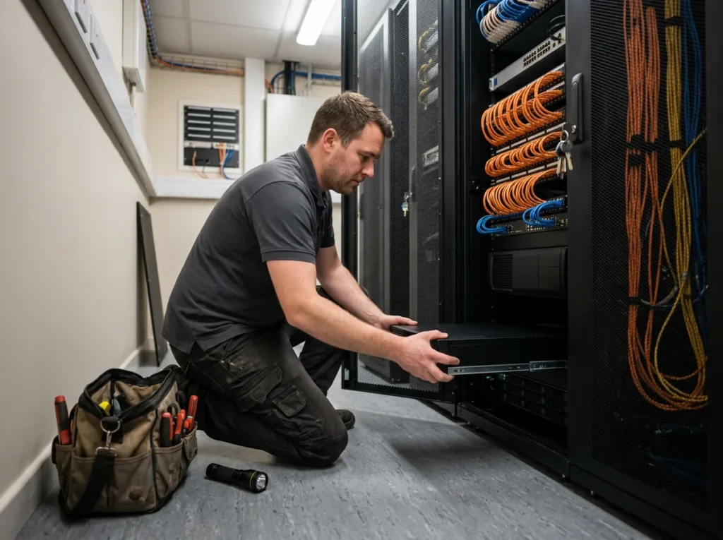 IT security technician kneeling at an equipment rack and sliding a backup storage appliance into place in a dealership server closet