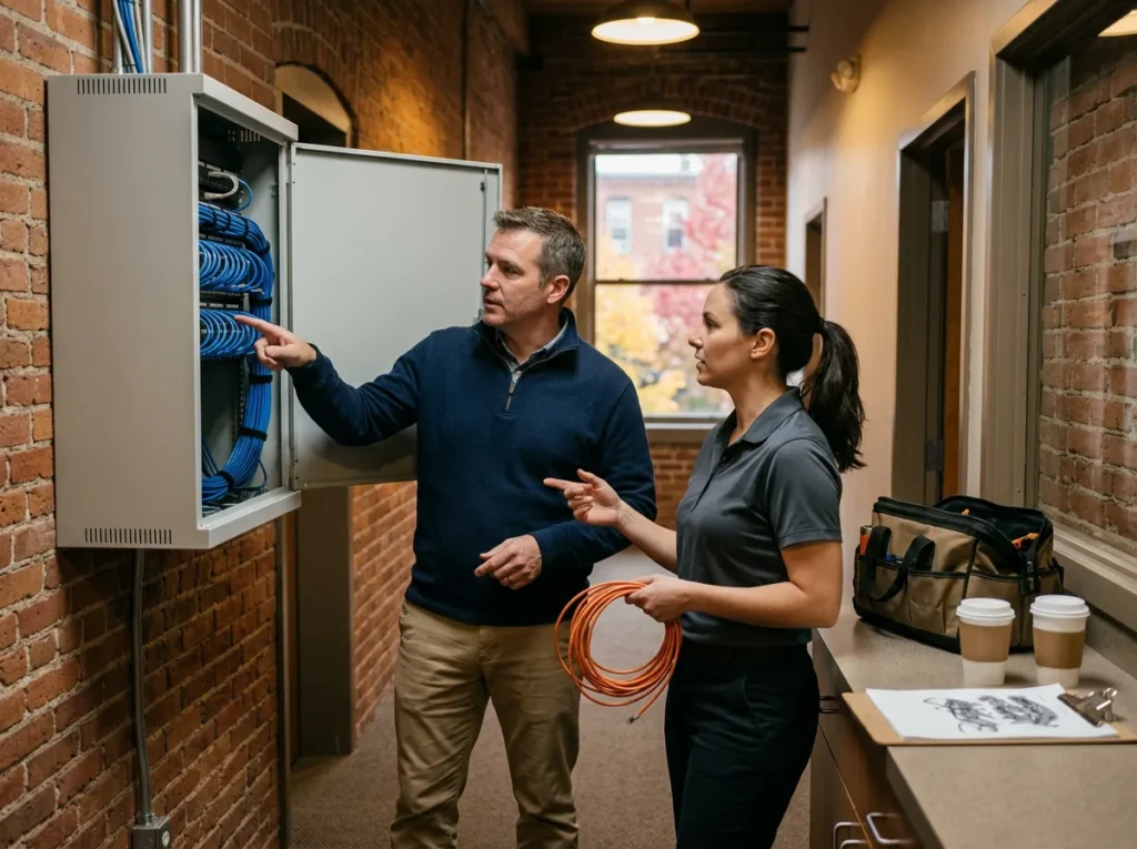 Dealership IT manager and a visiting IT field technician working together at an open network cabinet with orange and blue cables