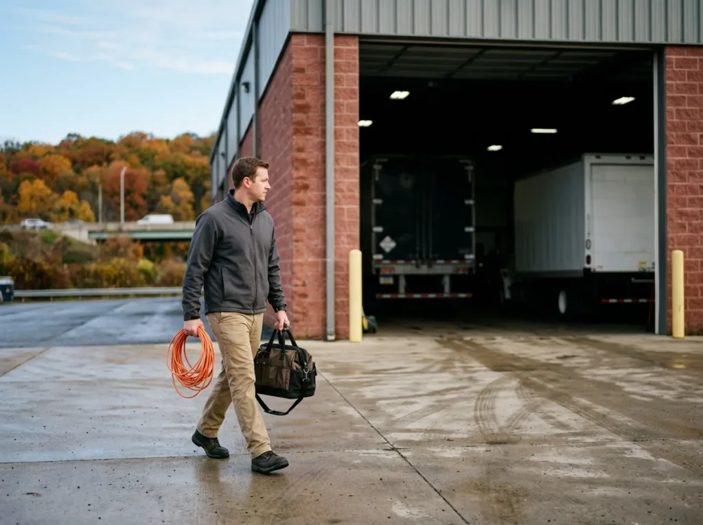 IT field technician carrying a tool bag and a coil of orange network cable toward the service bays of a heavy truck dealership in southeastern Pennsylvania