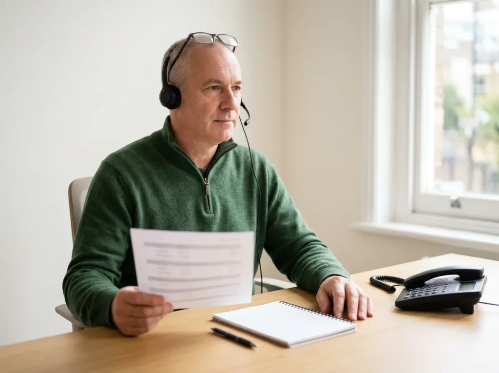 Help desk technician wearing a headset listening carefully to a caller while holding a printed contact sheet at a plain wooden desk
