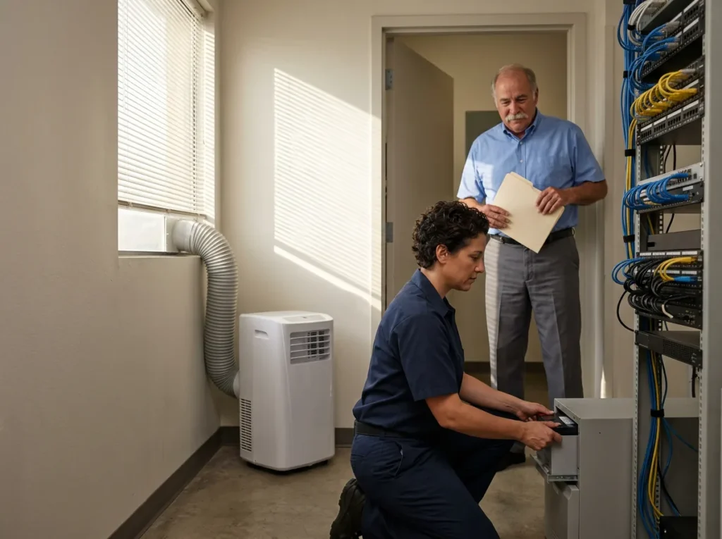 IT field technician replacing the battery in a dealership network closet's battery backup next to a portable air conditioner while the service manager watches