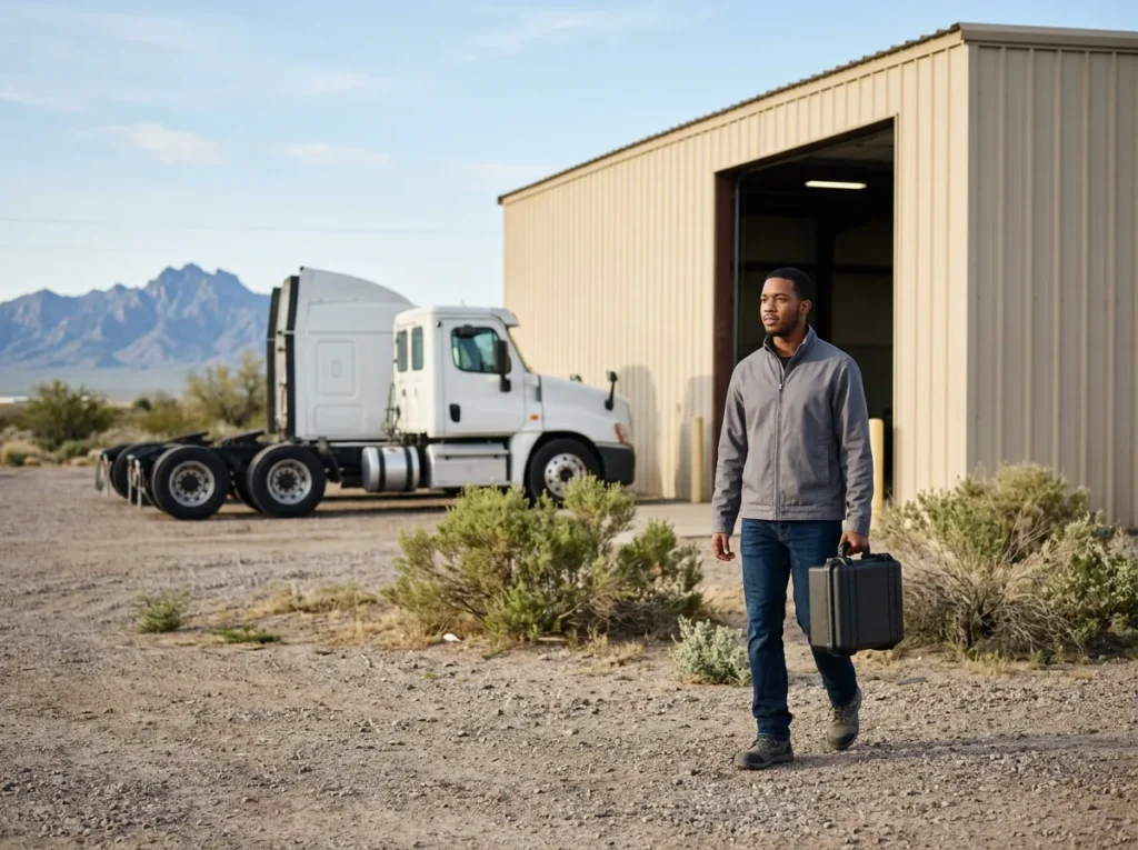 IT field technician carrying a tool case toward the service bay of a heavy truck dealership on the west side of the Phoenix metro, desert mountains on the horizon