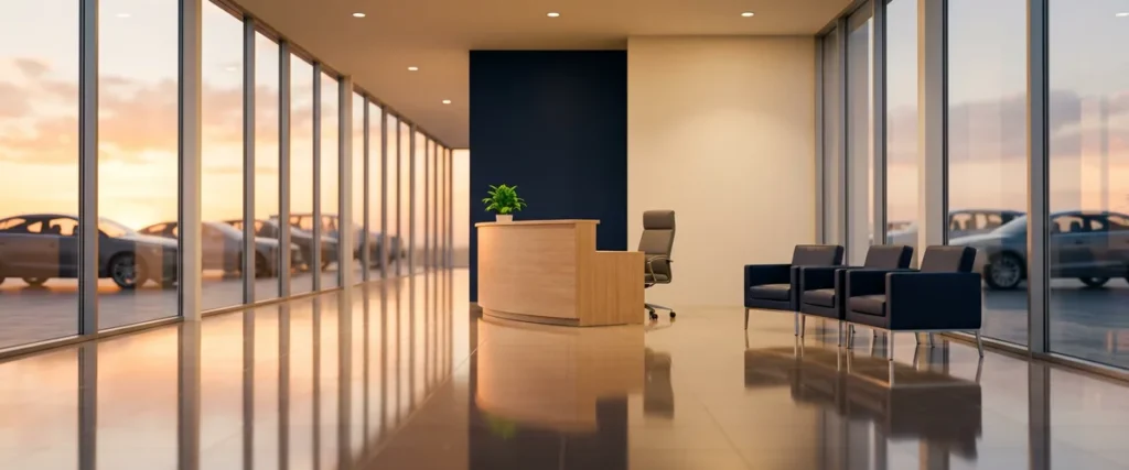 Quiet dealership showroom at sunrise with everything in place before opening