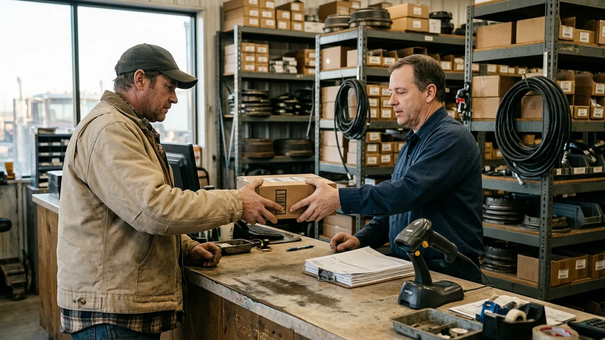 Parts counterman at a heavy truck dealership handing a boxed filter to a driver, the kind of counter that depends on Procede Excede on Azure staying reachable