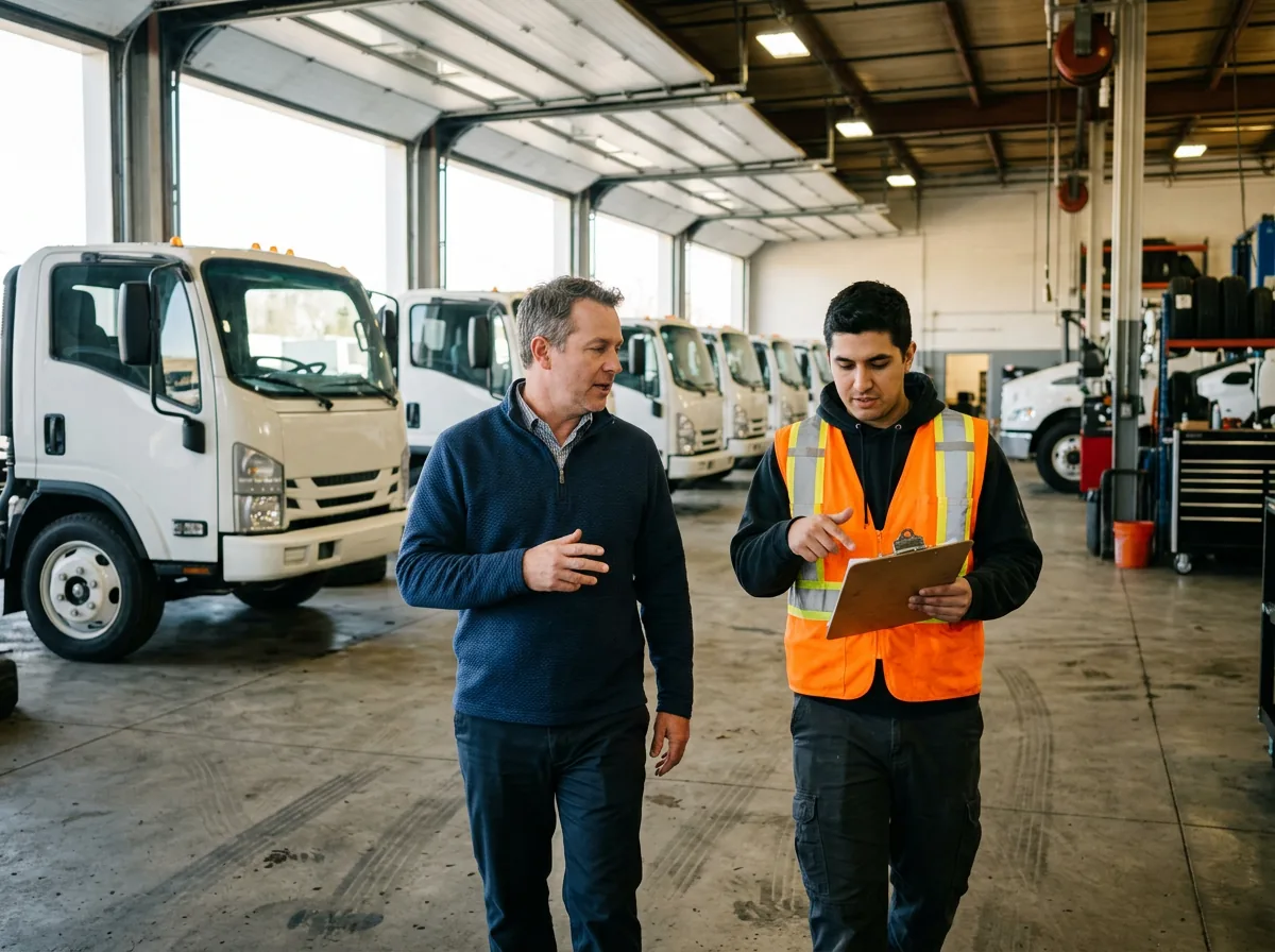 Truck dealership general manager and an IT technician in an orange vest reviewing a printed checklist while walking through a service bay with medium-duty cab-over trucks