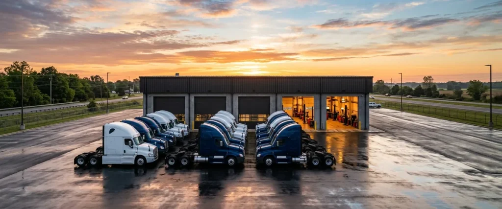 Row of Class 8 semi tractors parked in front of a heavy truck dealership at sunrise, representing truck dealers running Procede Excede on Azure