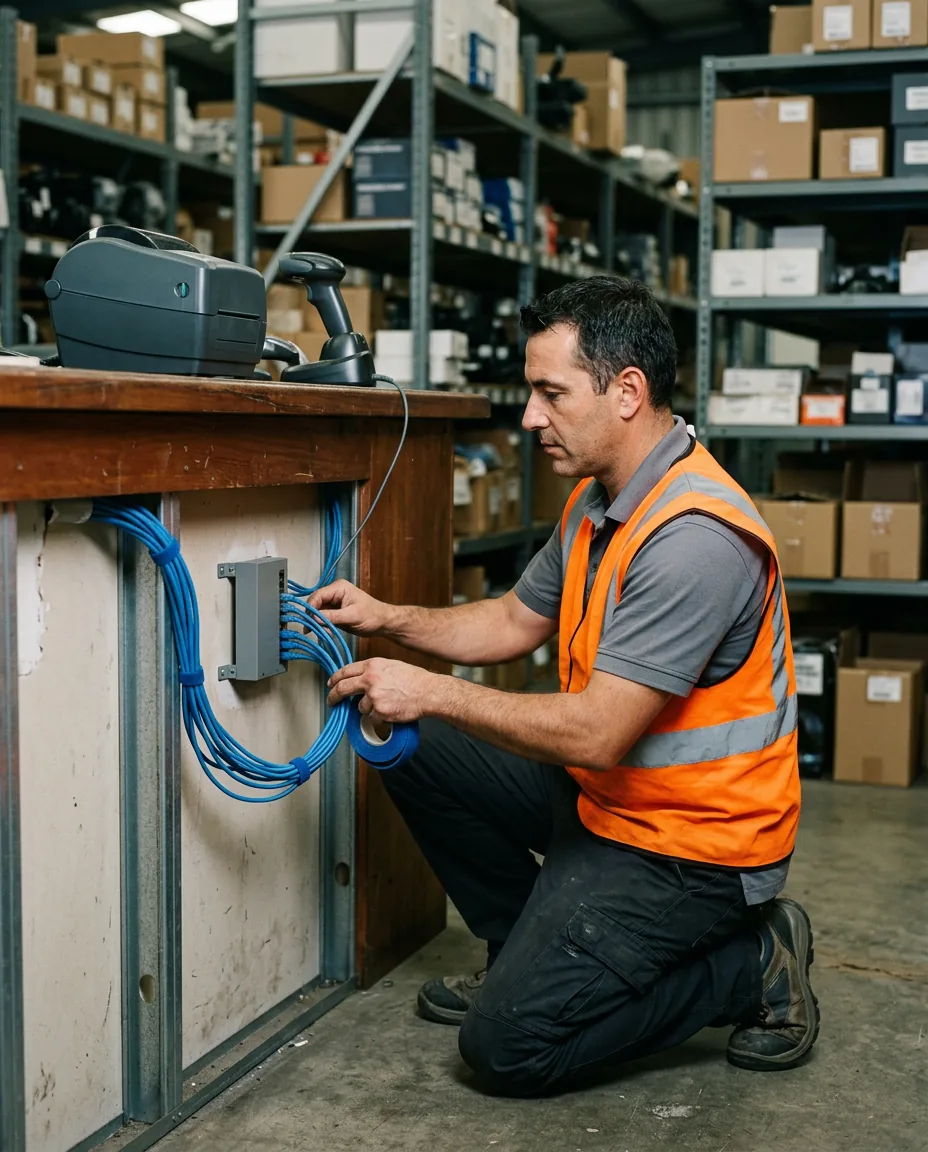 IT technician in an orange vest routing network cables into a small switch behind a heavy truck dealership parts counter, with a label printer and barcode scanner above