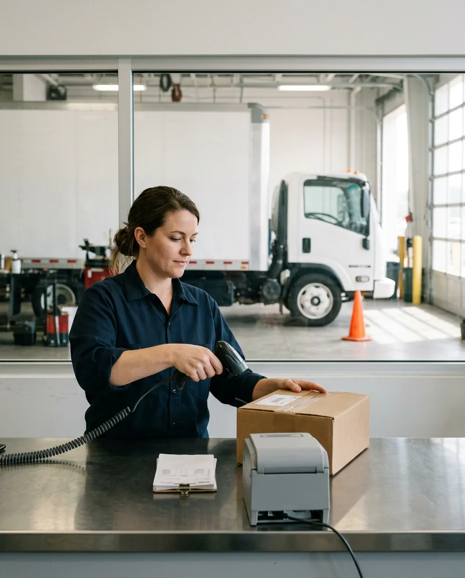 Parts counterperson at a heavy truck dealership scanning a parts box with a barcode scanner, a label printer and printed pick tickets on the steel counter