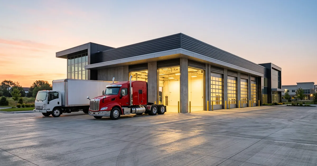 Heavy truck dealership service building at sunrise with open bay doors, a medium-duty cab-over truck and a semi tractor parked out front