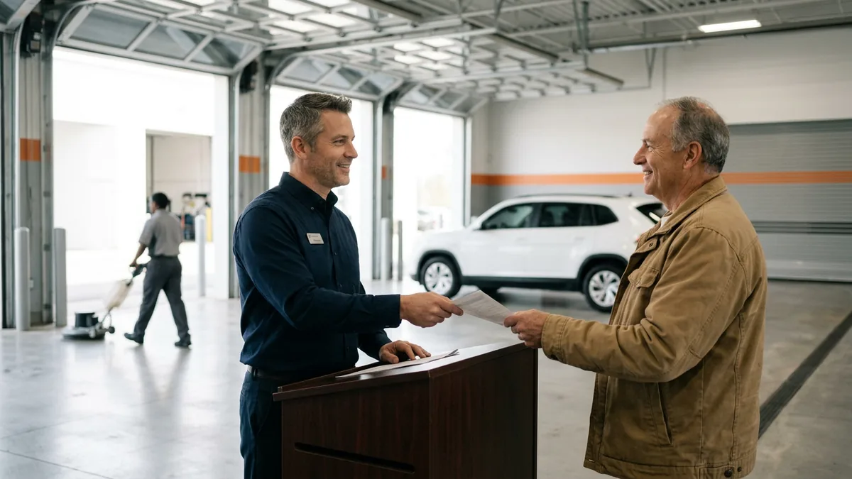 Service advisor handing a printed repair order to a smiling customer in a calm dealership service drive