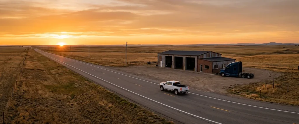Pickup on a rural highway heading to a remote heavy truck dealership branch at sunrise