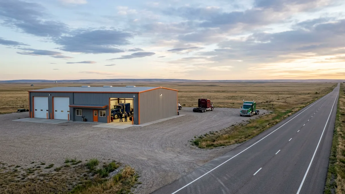 Small heavy truck dealership branch on a rural highway with a semi tractor in an open service bay