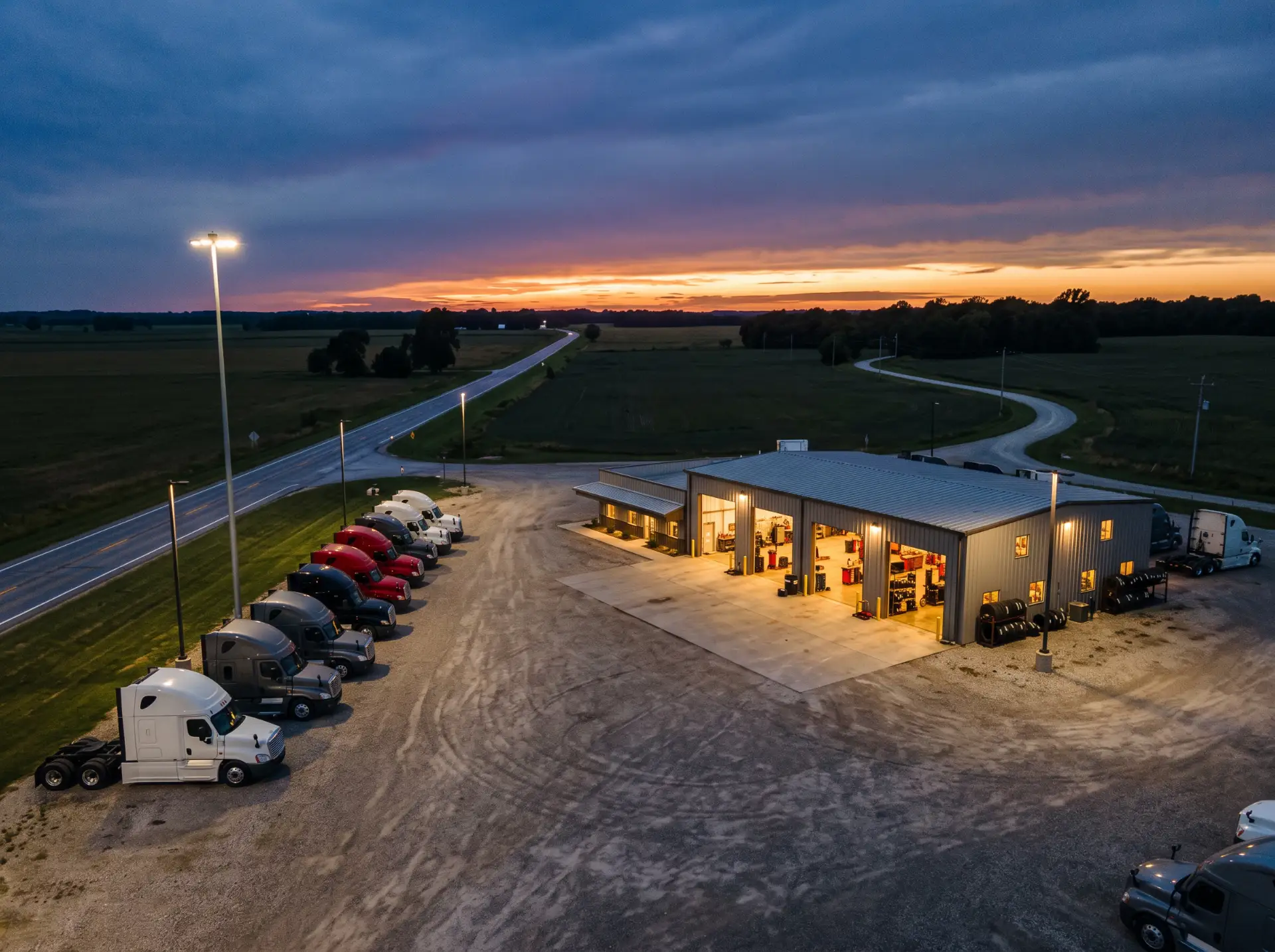 Rural heavy truck dealership service building at dusk with Class 8 trucks lined up on the lot, the kind of location where internet circuits get tested hardest after a DMS move
