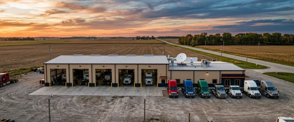 Rural heavy truck dealership with a satellite dish on the roof beside an empty highway at sunset