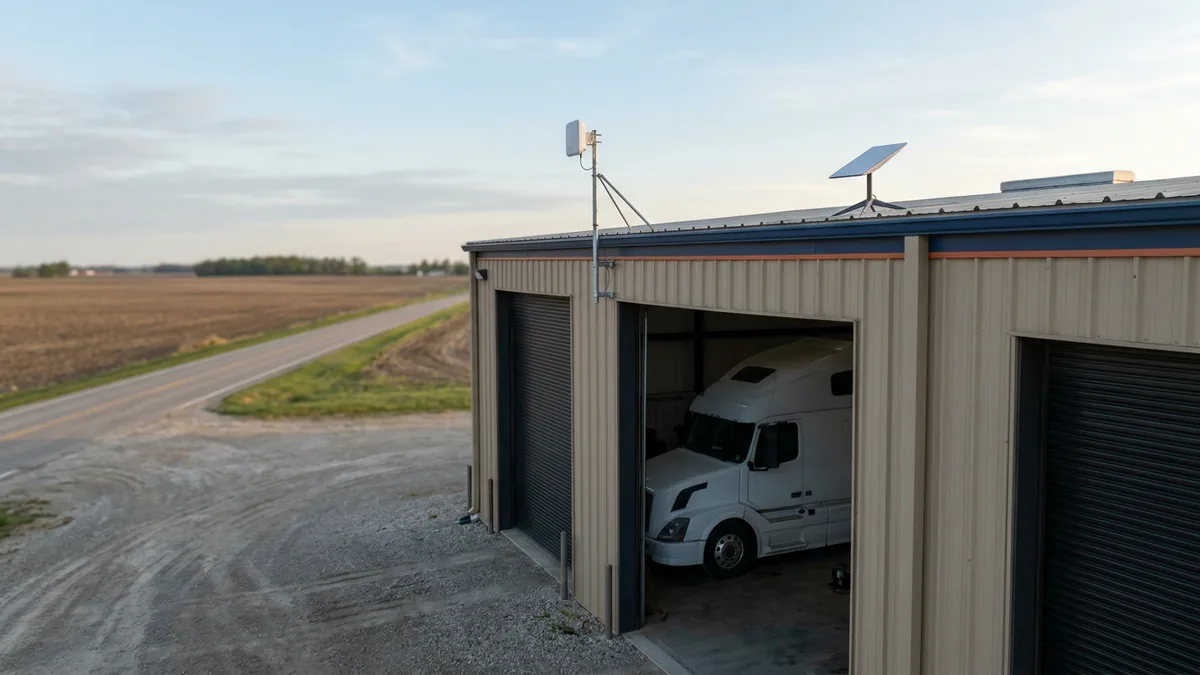 Rural heavy truck dealership service building with a fixed wireless antenna and a satellite dish on the roof