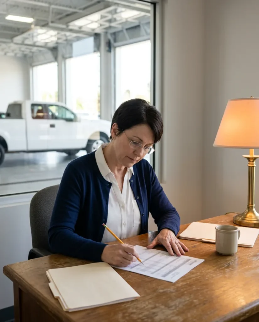Dealership controller marking a printed risk assessment worksheet with a pencil at a wooden desk, with the service drive visible through the window behind her