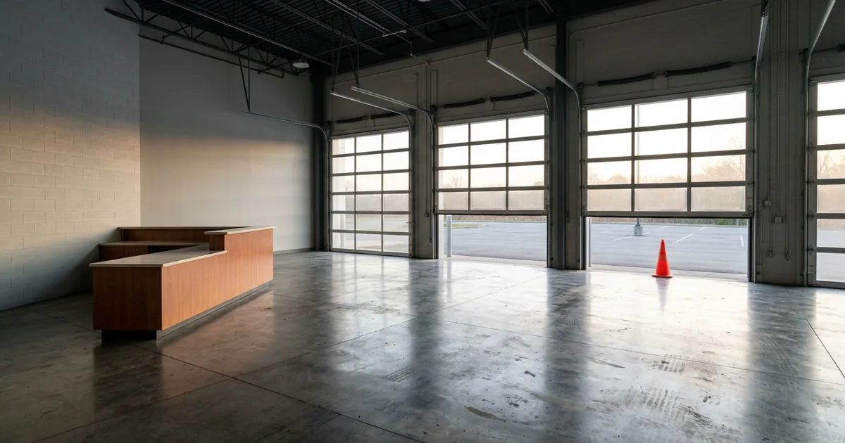 Empty dealership service drive early in the morning with the overhead doors open, a wooden service counter and an orange safety cone